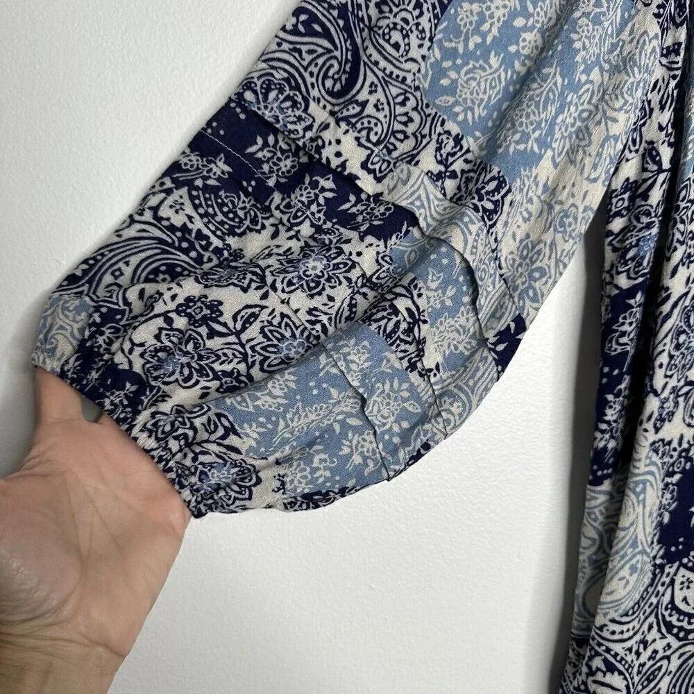 Maeve Cathy Pleated Blouse Size M Blue Paisley Boho Puff Sleeve Hippie‎